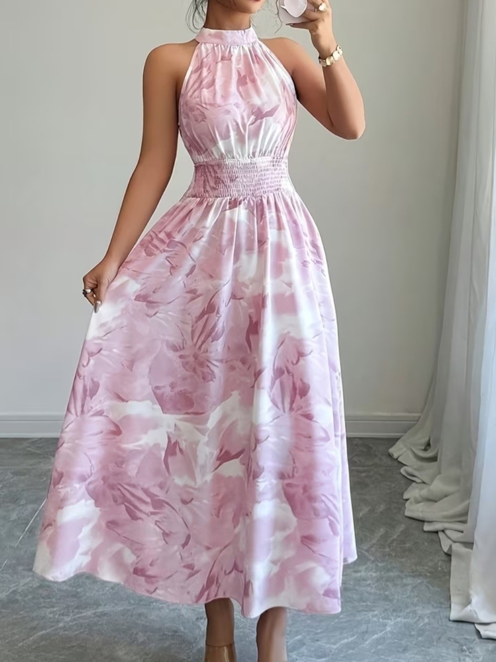 Halter Neck Pink Floral Maxi Dress